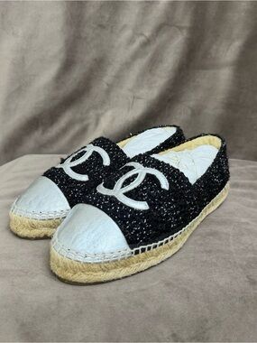 CHANEL Black Tweed and Silver Leather Espadrilles